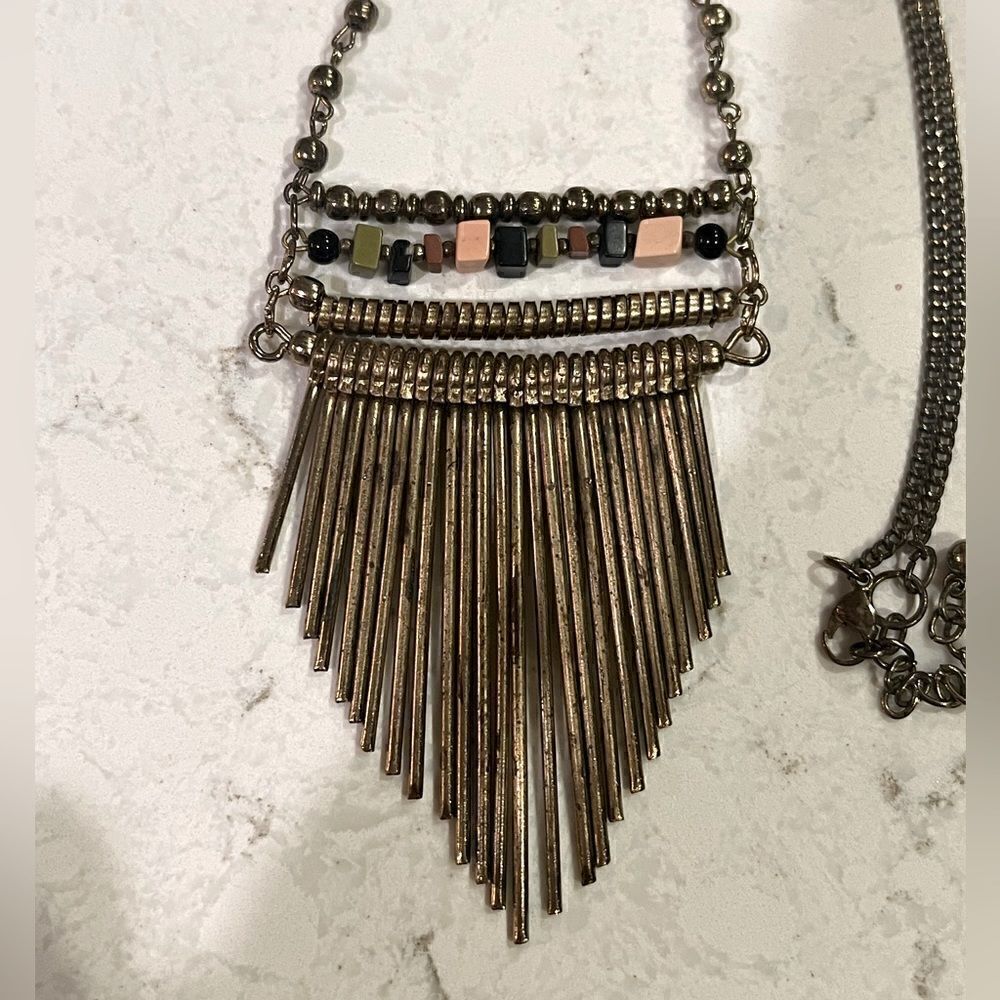 *3/$20* Long brass tone beaded necklace with stone accents